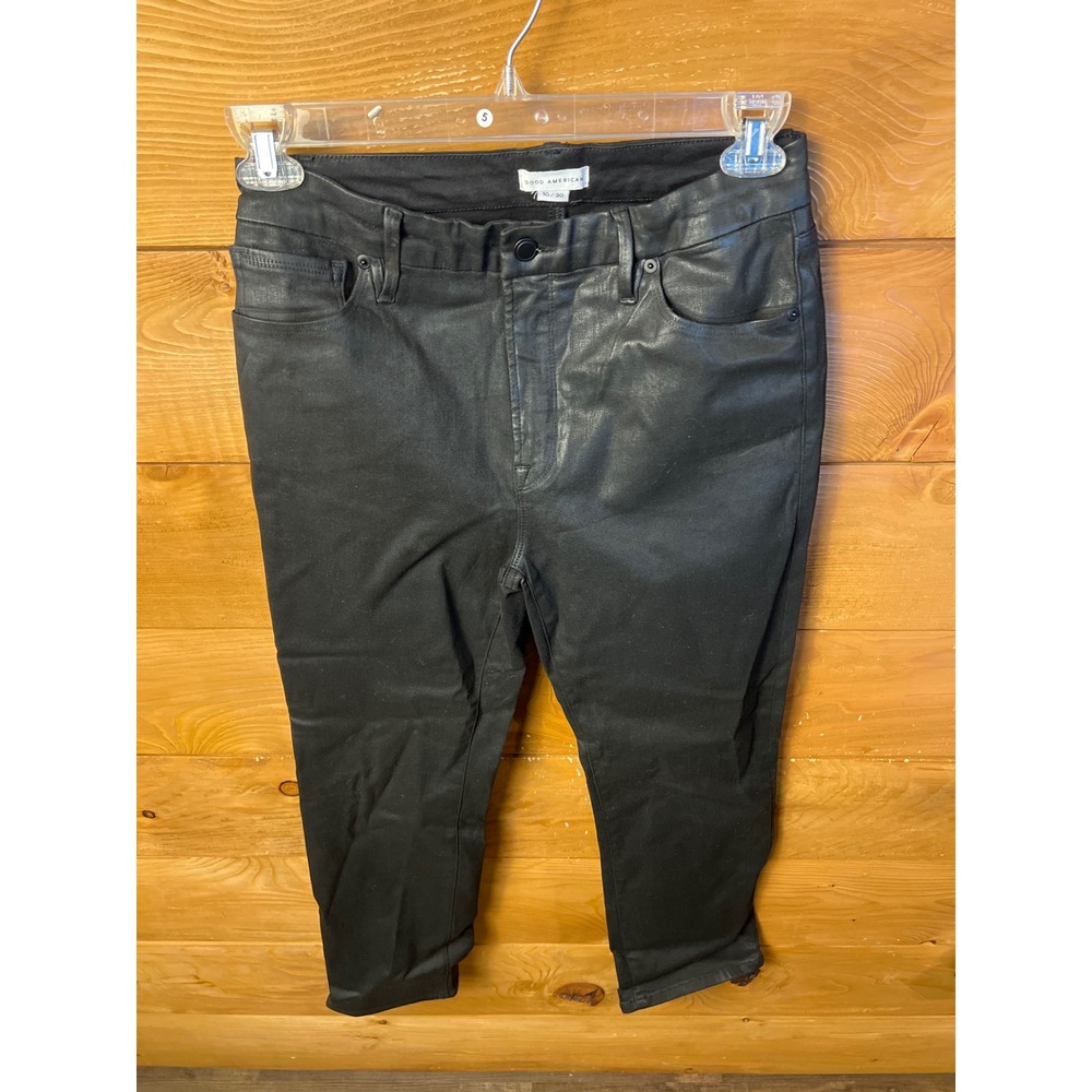 Good American Coated Black Denim High Rise Crop Jeans Size 10/30 stretch Comfert